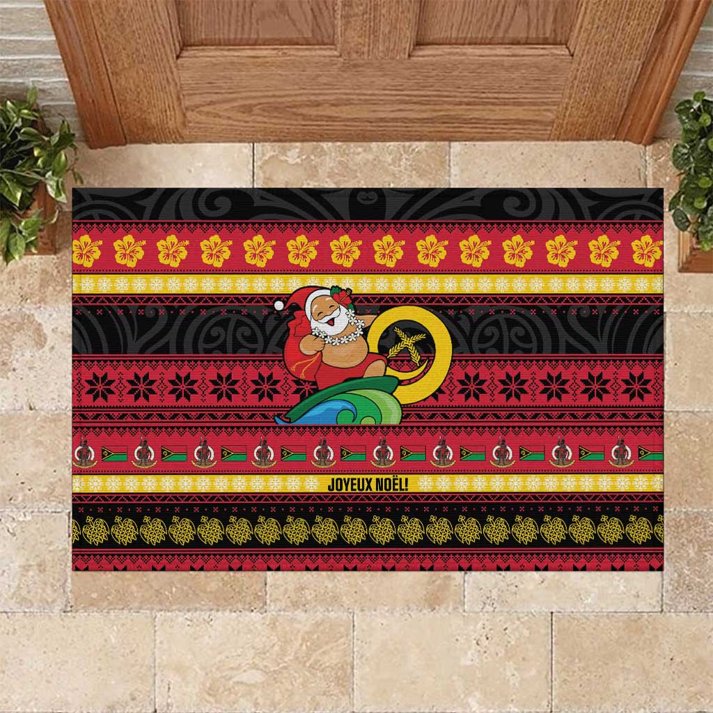 Vanuatu Christmas Rubber Doormat Joyeux Noel Surfing Santa With Boar Tusk LT14 Red - Polynesian Pride