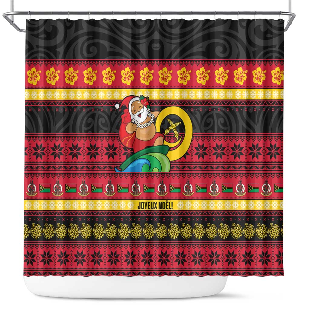 Vanuatu Christmas Shower Curtain Joyeux Noel Surfing Santa With Boar Tusk LT14 Red - Polynesian Pride