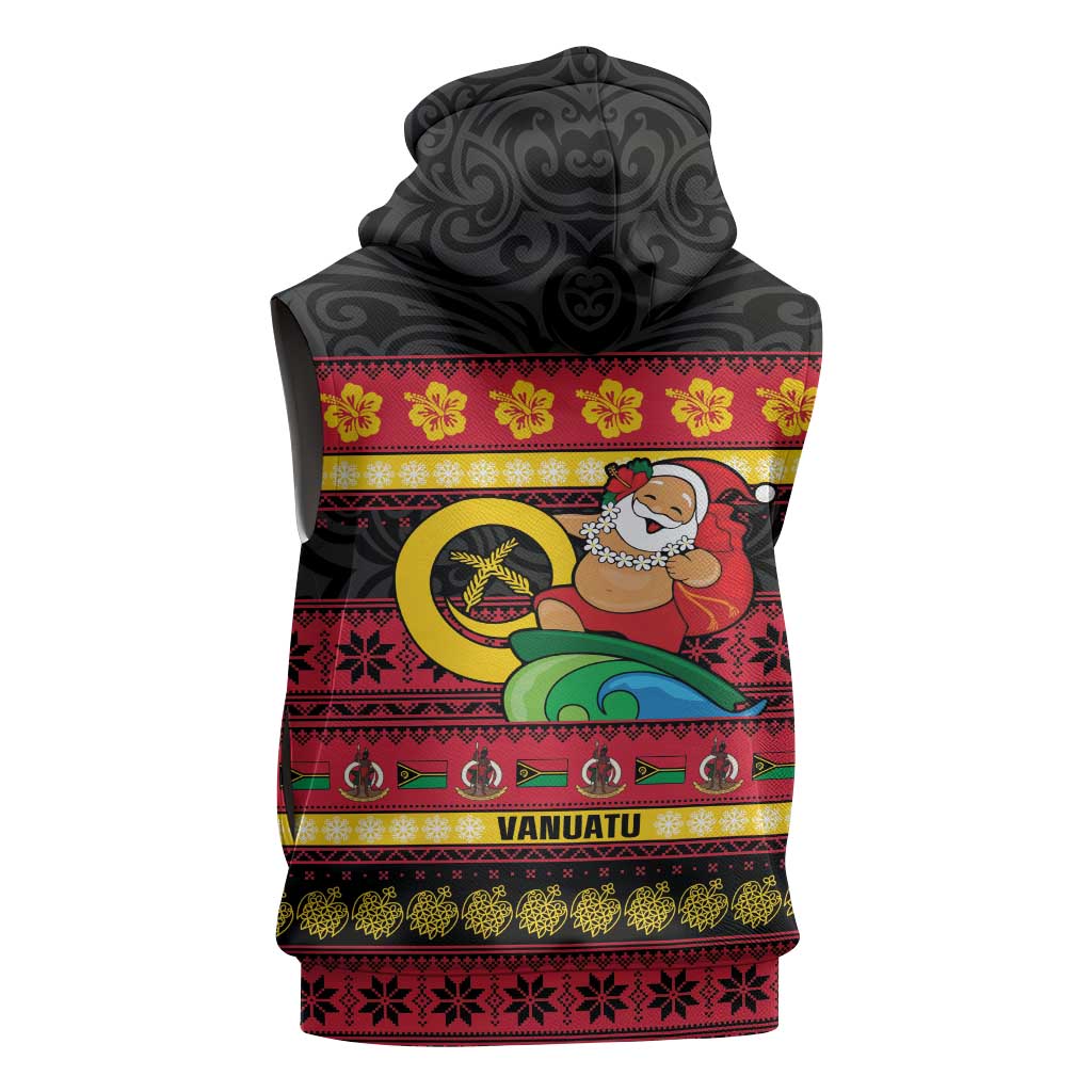 Vanuatu Christmas Sleeveless Zip Hoodie Joyeux Noel Surfing Santa With Boar Tusk LT14 - Polynesian Pride