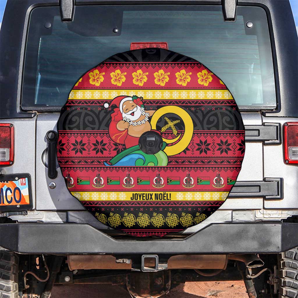 Vanuatu Christmas Spare Tire Cover Joyeux Noel Surfing Santa With Boar Tusk LT14 Red - Polynesian Pride