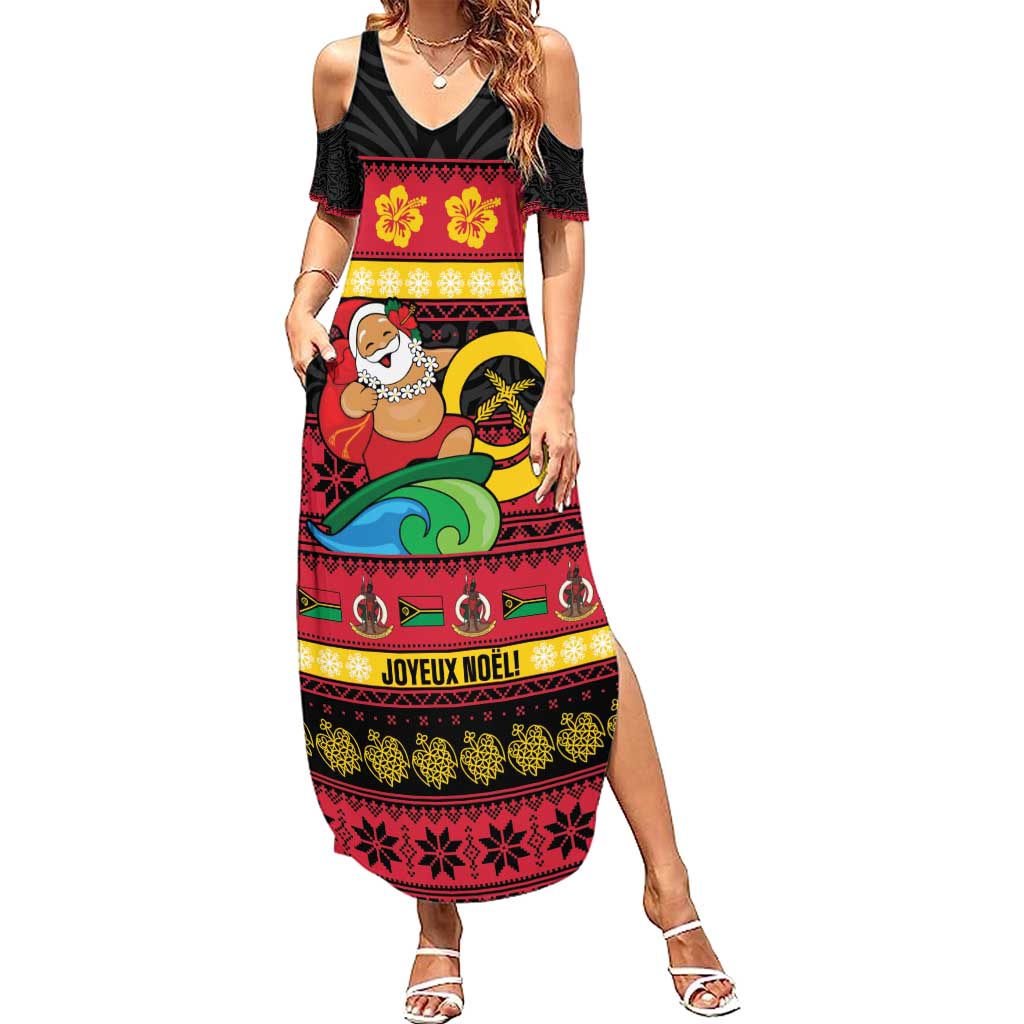 Vanuatu Christmas Summer Maxi Dress Joyeux Noel Surfing Santa With Boar Tusk LT14 Women Red - Polynesian Pride