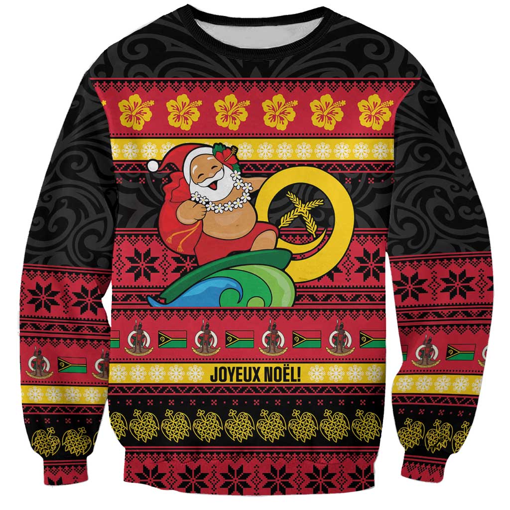 Vanuatu Christmas Sweatshirt Joyeux Noel Surfing Santa With Boar Tusk LT14 Unisex Red - Polynesian Pride