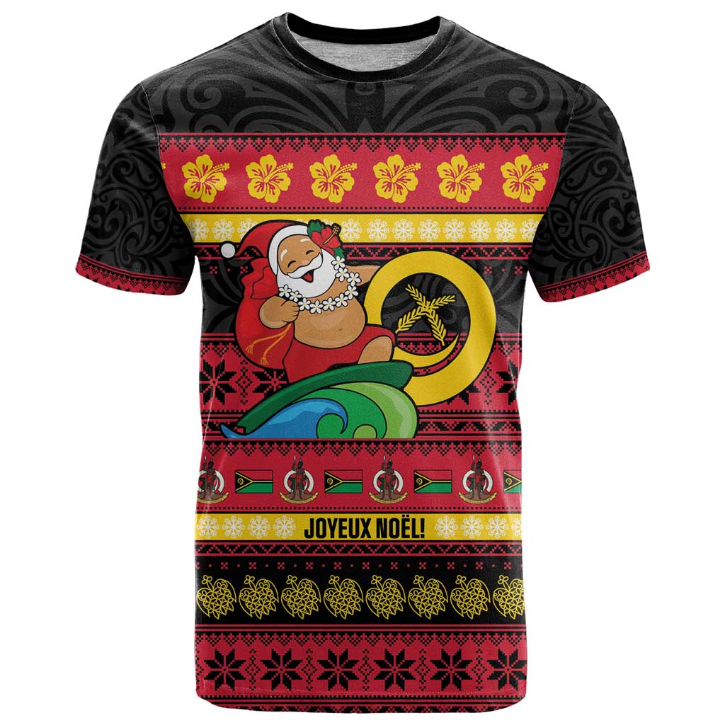 Vanuatu Christmas T Shirt Joyeux Noel Surfing Santa With Boar Tusk LT14 Red - Polynesian Pride