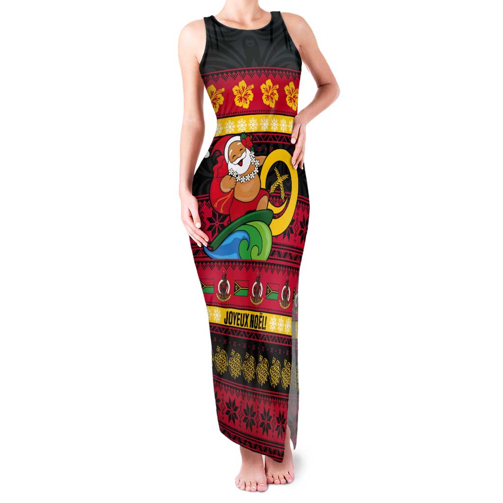 Vanuatu Christmas Tank Maxi Dress Joyeux Noel Surfing Santa With Boar Tusk LT14 Women Red - Polynesian Pride