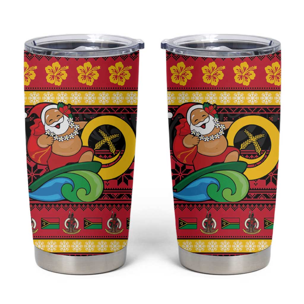 Vanuatu Christmas Tumbler Cup Joyeux Noel Surfing Santa With Boar Tusk LT14 Red - Polynesian Pride