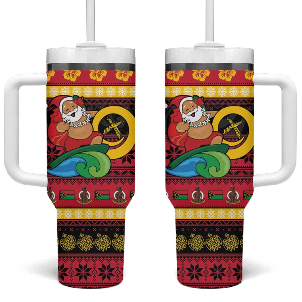 Vanuatu Christmas Tumbler With Handle Joyeux Noel Surfing Santa With Boar Tusk LT14 One Size: 40 oz Red - Polynesian Pride