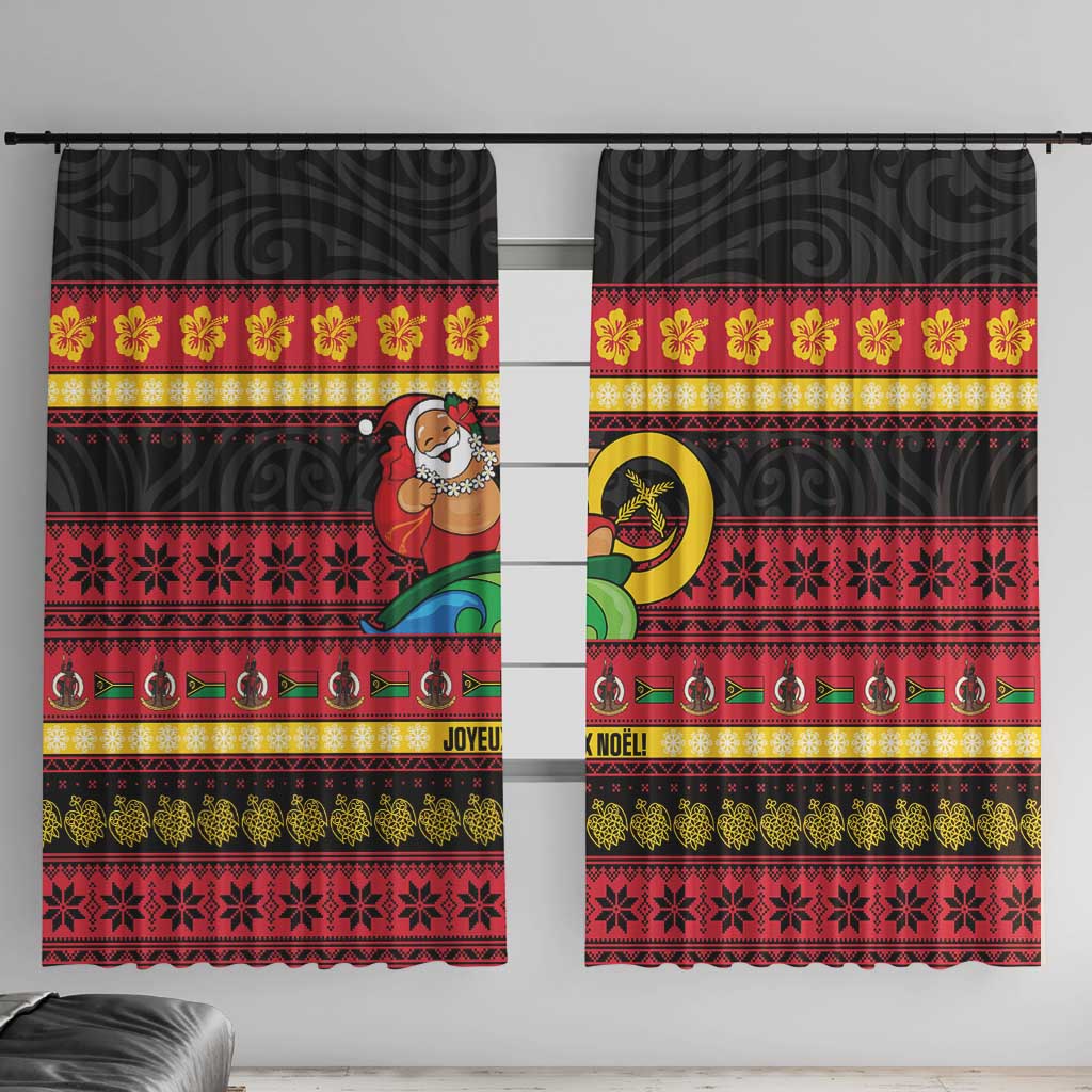 Vanuatu Christmas Window Curtain Joyeux Noel Surfing Santa With Boar Tusk LT14 With Hooks Red - Polynesian Pride