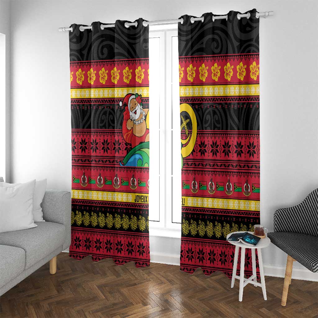 Vanuatu Christmas Window Curtain Joyeux Noel Surfing Santa With Boar Tusk LT14 With Grommets Red - Polynesian Pride