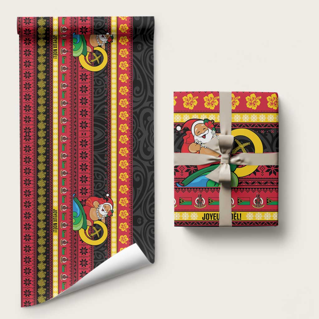 Vanuatu Christmas Wrapping Paper Joyeux Noel Surfing Santa With Boar Tusk LT14 58" × 23" Red - Polynesian Pride