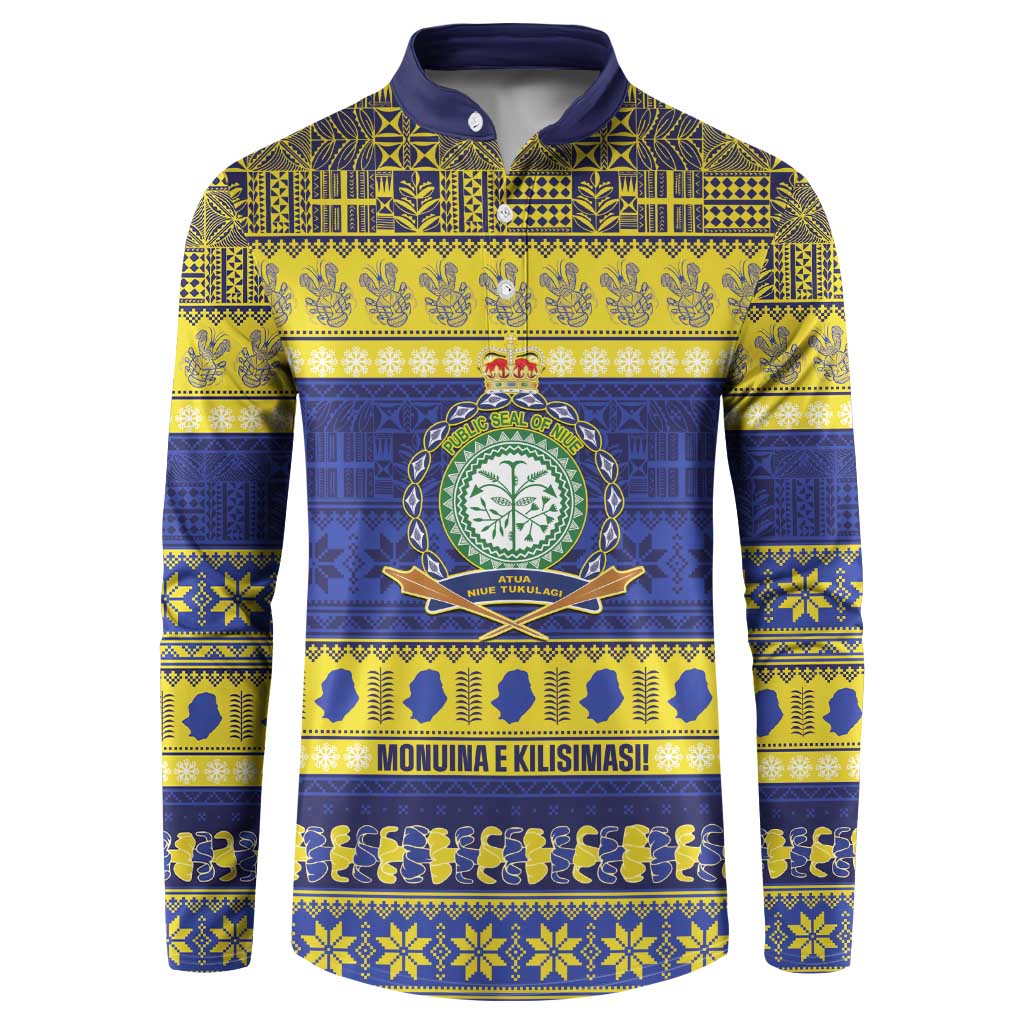 Niue Christmas Button Sweatshirt Monuina e Kilisimasi Hiapo Motifs LT14 Blue - Polynesian Pride
