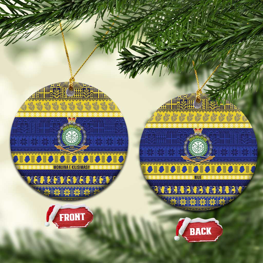 Niue Christmas Ceramic Ornament Monuina e Kilisimasi Hiapo Motifs LT14 Circle Blue - Polynesian Pride