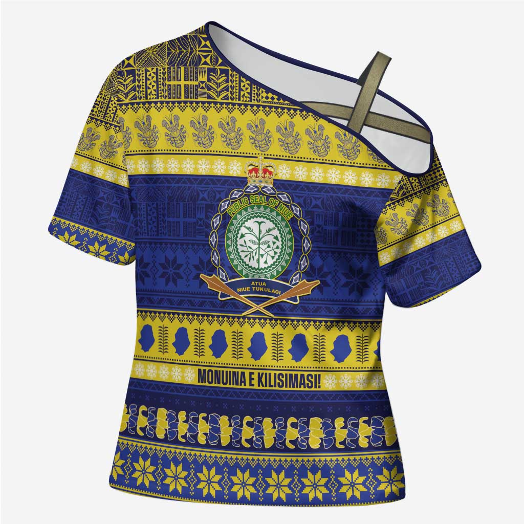 Niue Christmas Cross Shoulder Shirt Monuina e Kilisimasi Hiapo Motifs LT14 Female Blue - Polynesian Pride