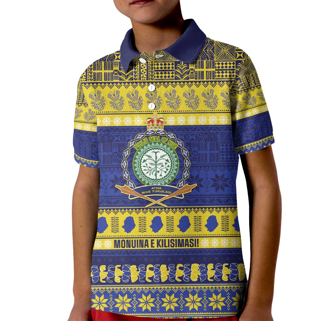 Niue Christmas Kid Polo Shirt Monuina e Kilisimasi Hiapo Motifs LT14 Kid Blue - Polynesian Pride