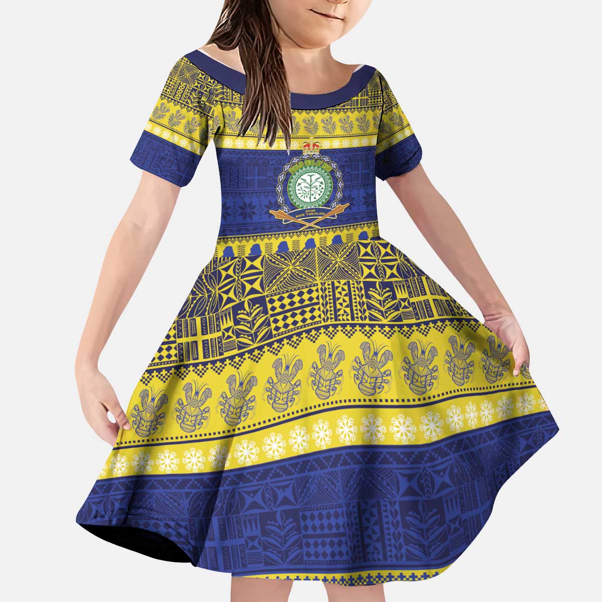 Niue Christmas Kid Short Sleeve Dress Monuina e Kilisimasi Hiapo Motifs LT14 KID Blue - Polynesian Pride