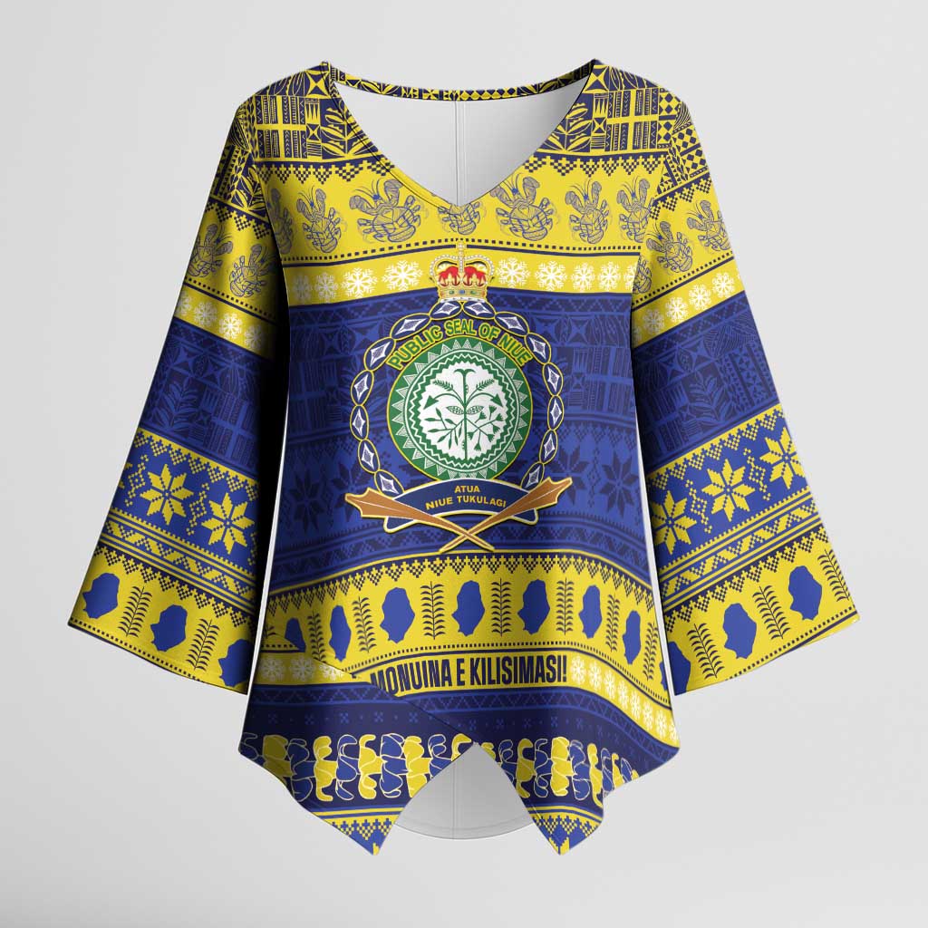 Niue Christmas Kimono Sleeve Blouse Monuina e Kilisimasi Hiapo Motifs LT14 Female Blue - Polynesian Pride