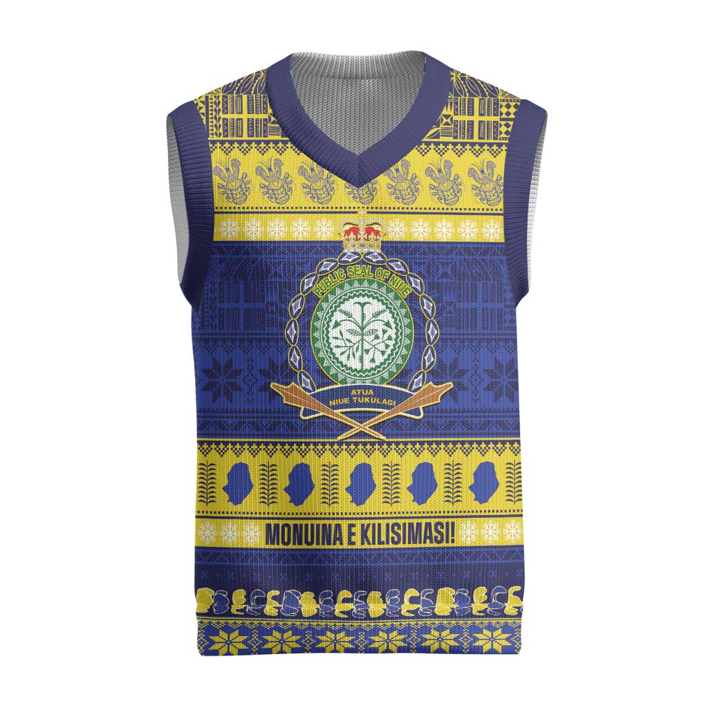 Niue Christmas Knitted V-Neck Vest Monuina e Kilisimasi Hiapo Motifs LT14 Blue - Polynesian Pride