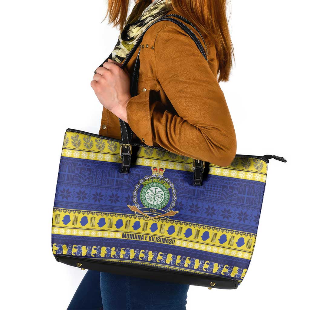Niue Christmas Leather Tote Bag Monuina e Kilisimasi Hiapo Motifs LT14 Blue - Polynesian Pride