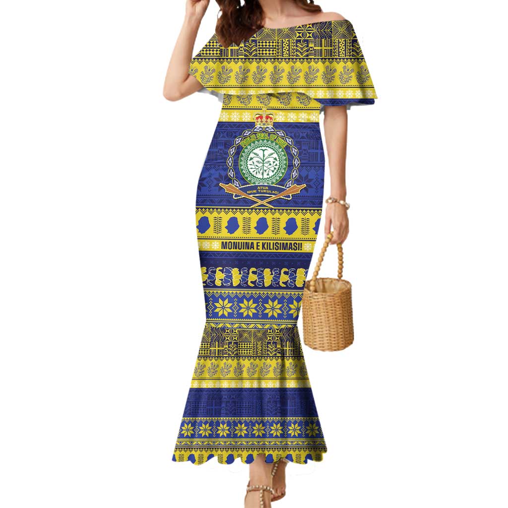Niue Christmas Mermaid Dress Monuina e Kilisimasi Hiapo Motifs LT14 Women Blue - Polynesian Pride