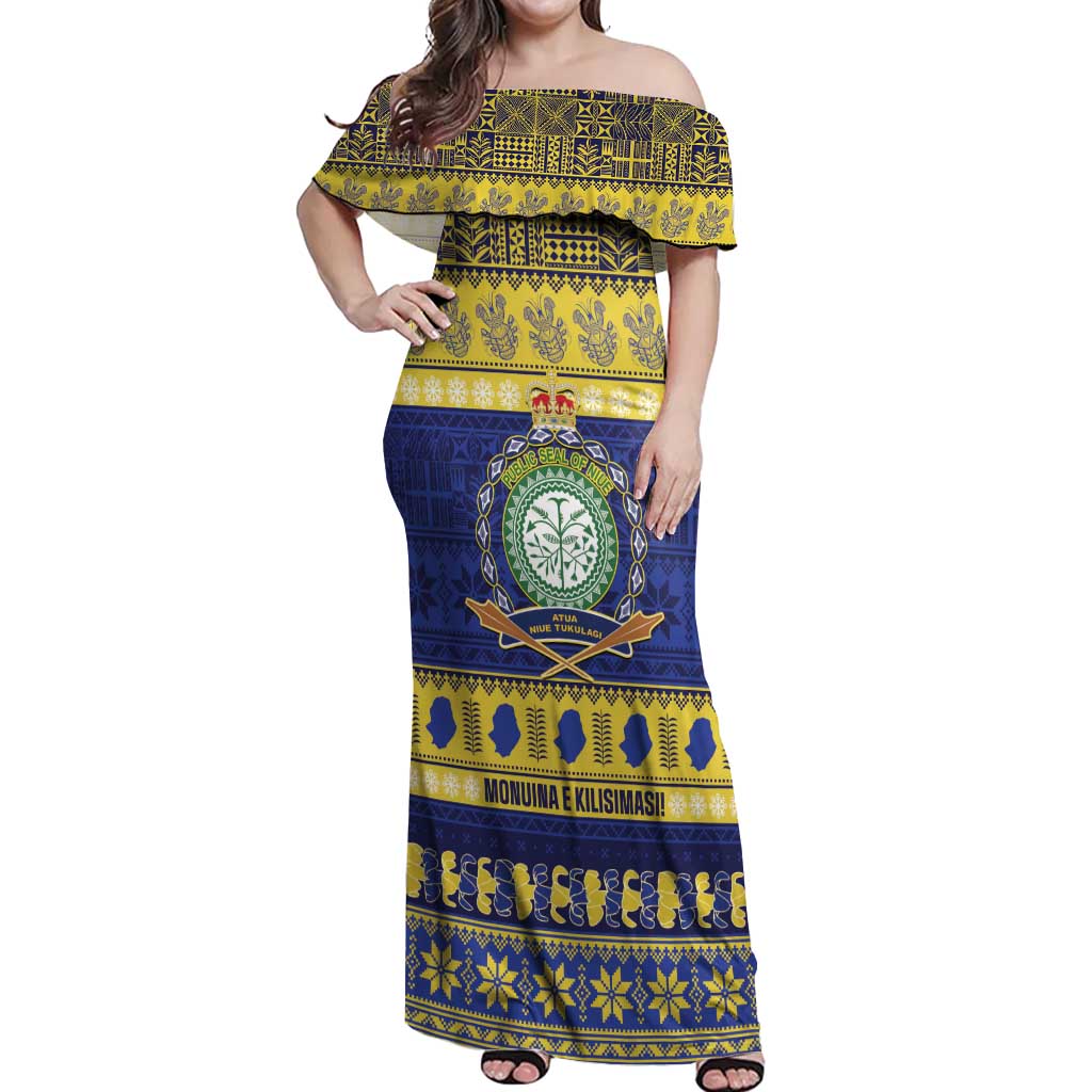 Niue Christmas Off Shoulder Maxi Dress Monuina e Kilisimasi Hiapo Motifs LT14 Women Blue - Polynesian Pride