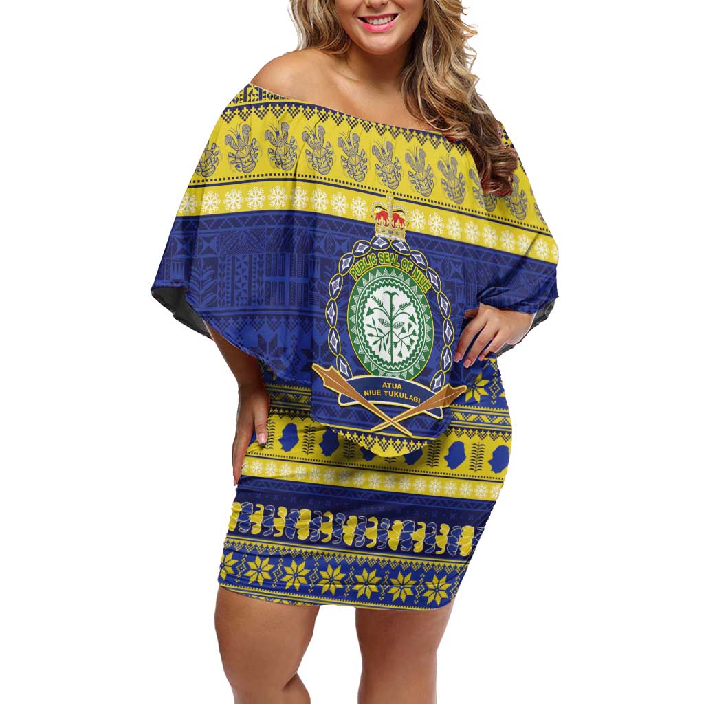 Niue Christmas Off Shoulder Short Dress Monuina e Kilisimasi Hiapo Motifs LT14 Women Blue - Polynesian Pride