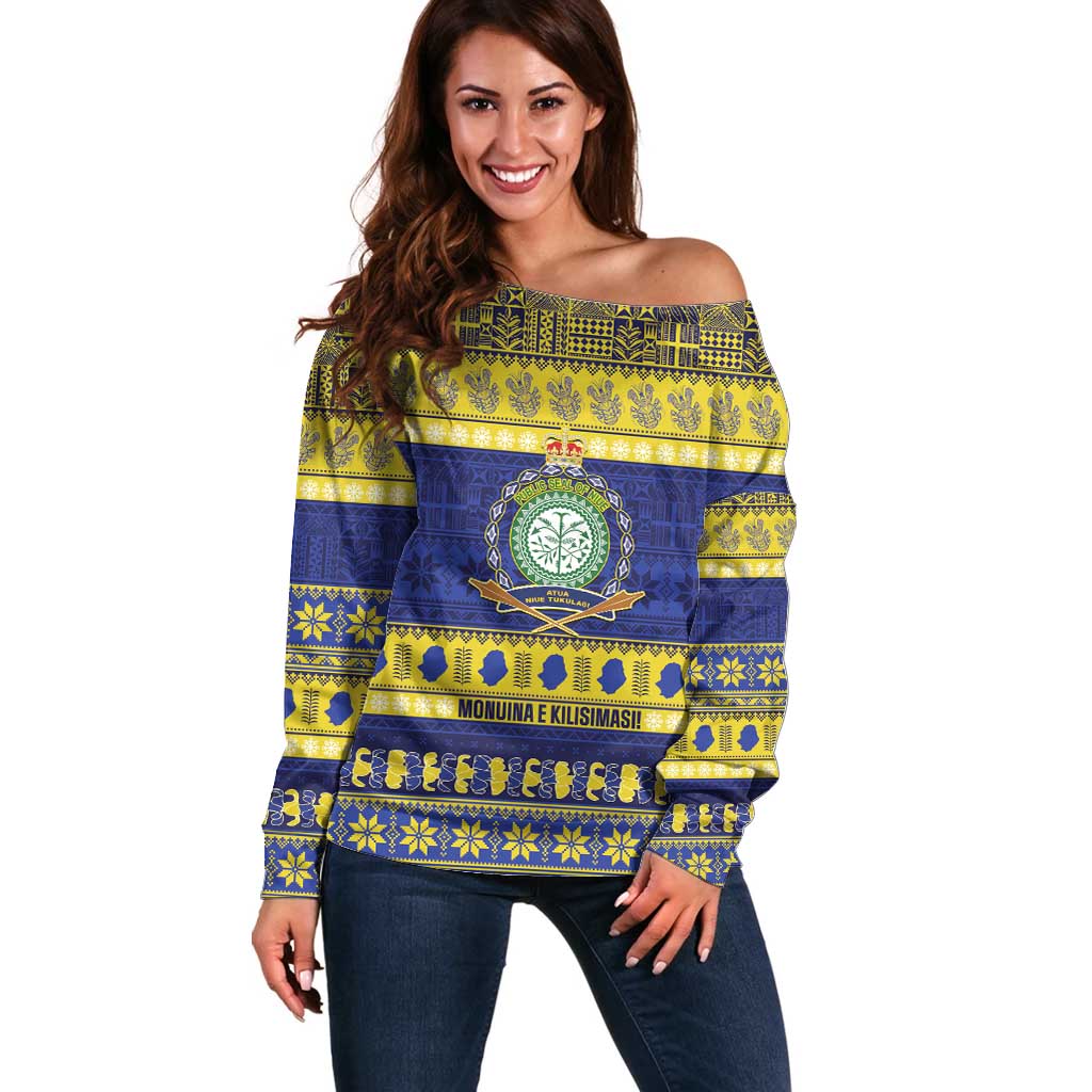 Niue Christmas Off Shoulder Sweater Monuina e Kilisimasi Hiapo Motifs LT14 Women Blue - Polynesian Pride