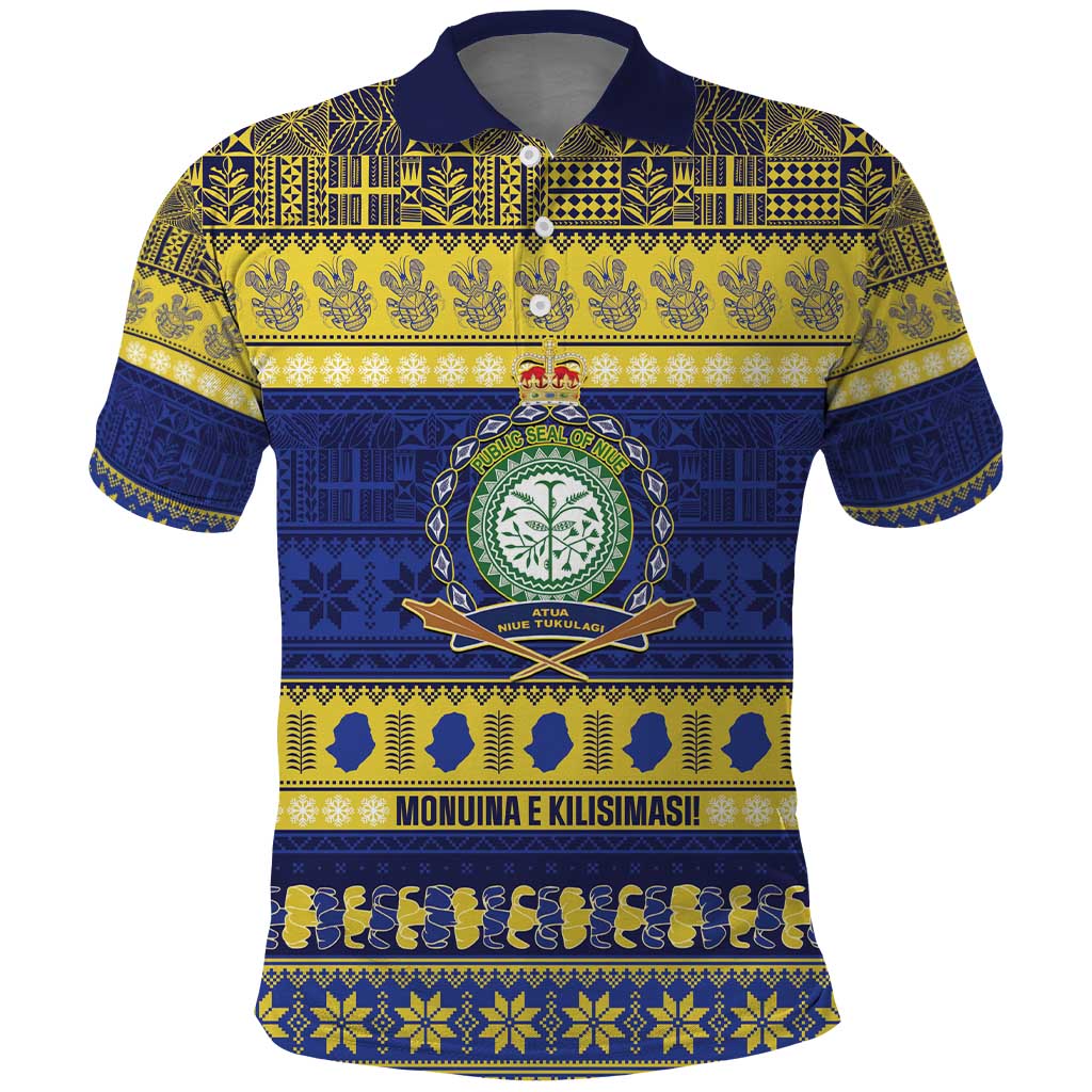 Niue Christmas Polo Shirt Monuina e Kilisimasi Hiapo Motifs LT14 Blue - Polynesian Pride