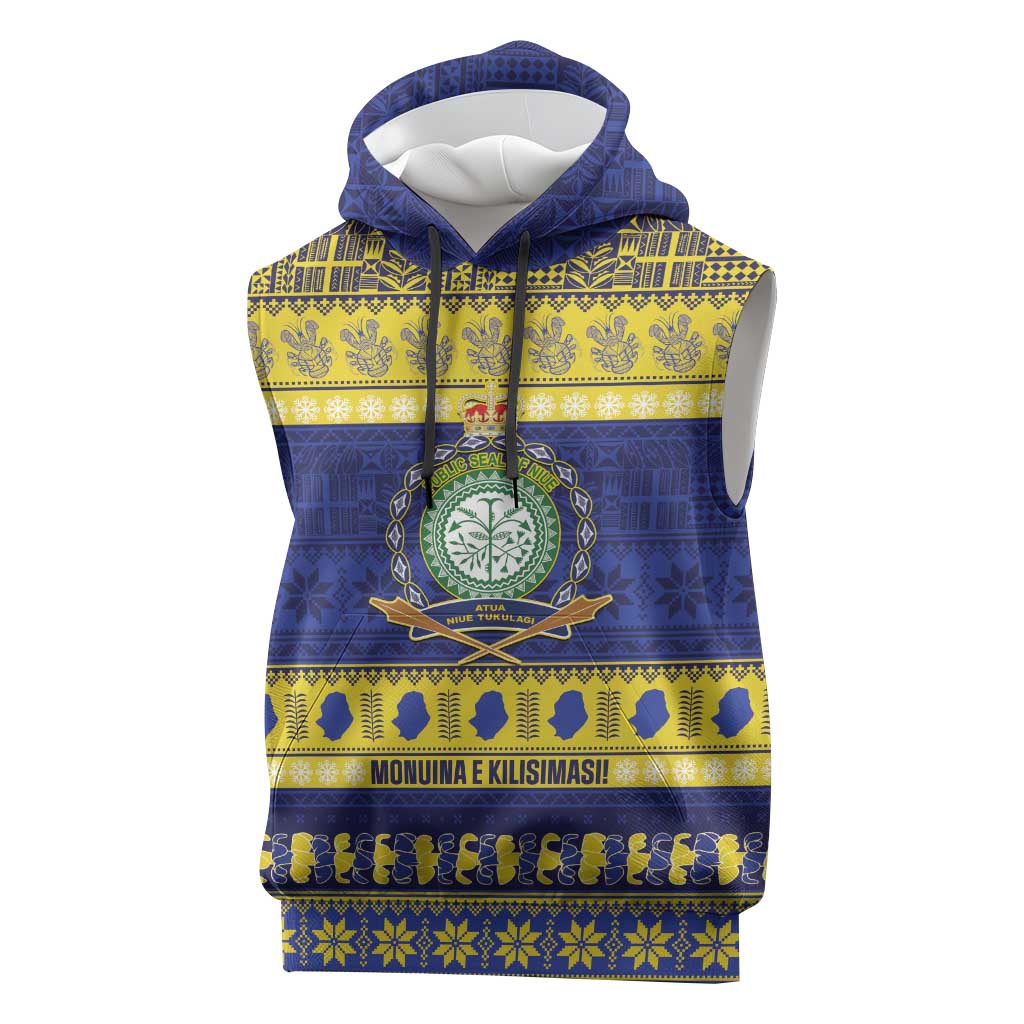 Niue Christmas Sleeveless Hoodie Monuina e Kilisimasi Hiapo Motifs LT14 Blue - Polynesian Pride