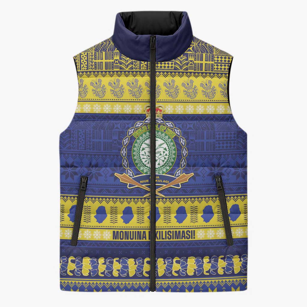 Niue Christmas Sleeveless Puffer Jacket Monuina e Kilisimasi Hiapo Motifs LT14 Unisex Blue - Polynesian Pride
