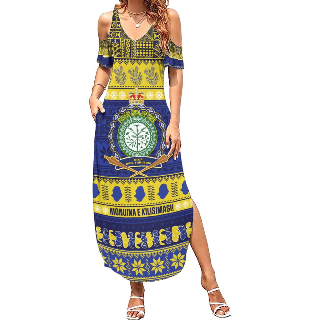 Niue Christmas Summer Maxi Dress Monuina e Kilisimasi Hiapo Motifs LT14 Women Blue - Polynesian Pride