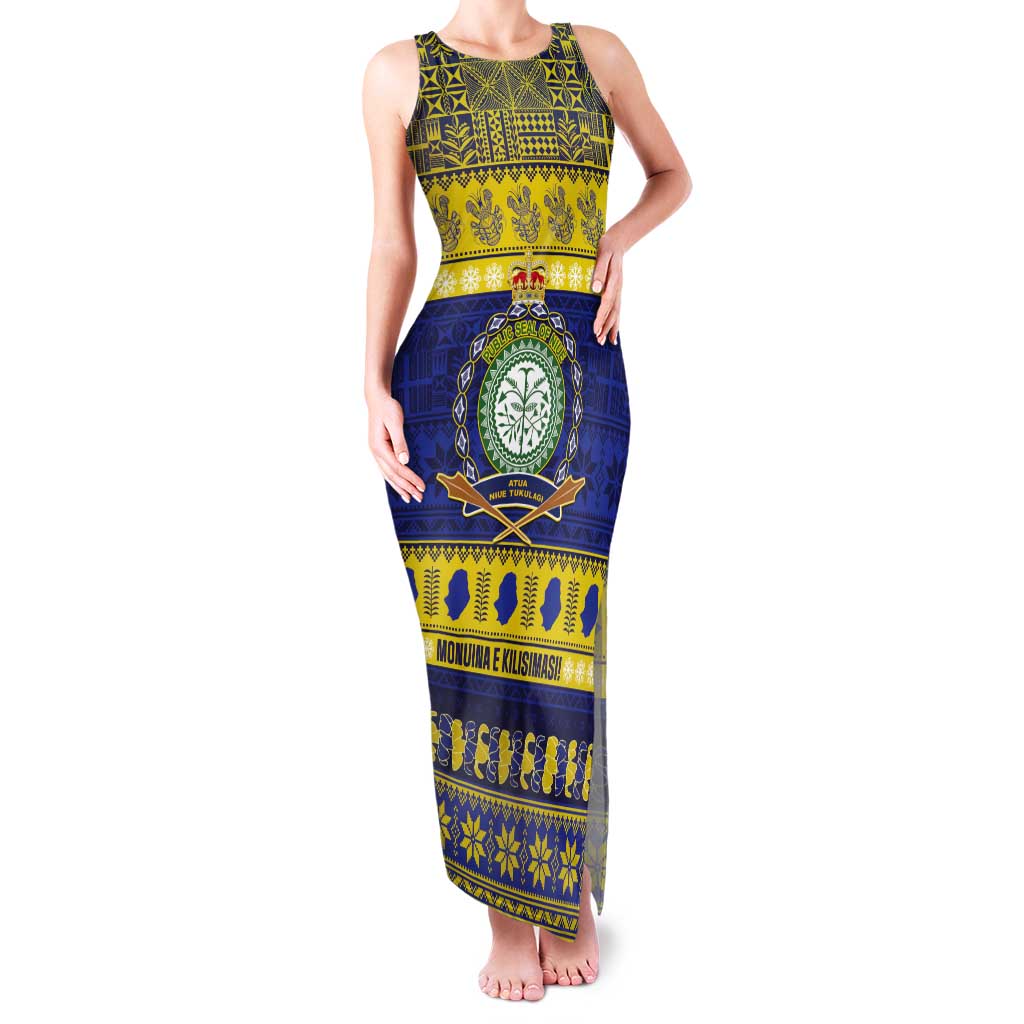 Niue Christmas Tank Maxi Dress Monuina e Kilisimasi Hiapo Motifs LT14 Women Blue - Polynesian Pride