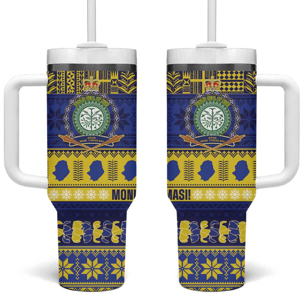 Niue Christmas Tumbler With Handle Monuina e Kilisimasi Hiapo Motifs LT14 One Size: 40 oz Blue - Polynesian Pride