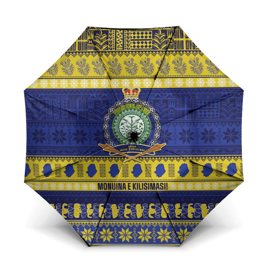 Niue Christmas Umbrella Monuina e Kilisimasi Hiapo Motifs LT14 One Size Folded 11.42 inch Opened Diameter 37.4 inch Blue - Polynesian Pride
