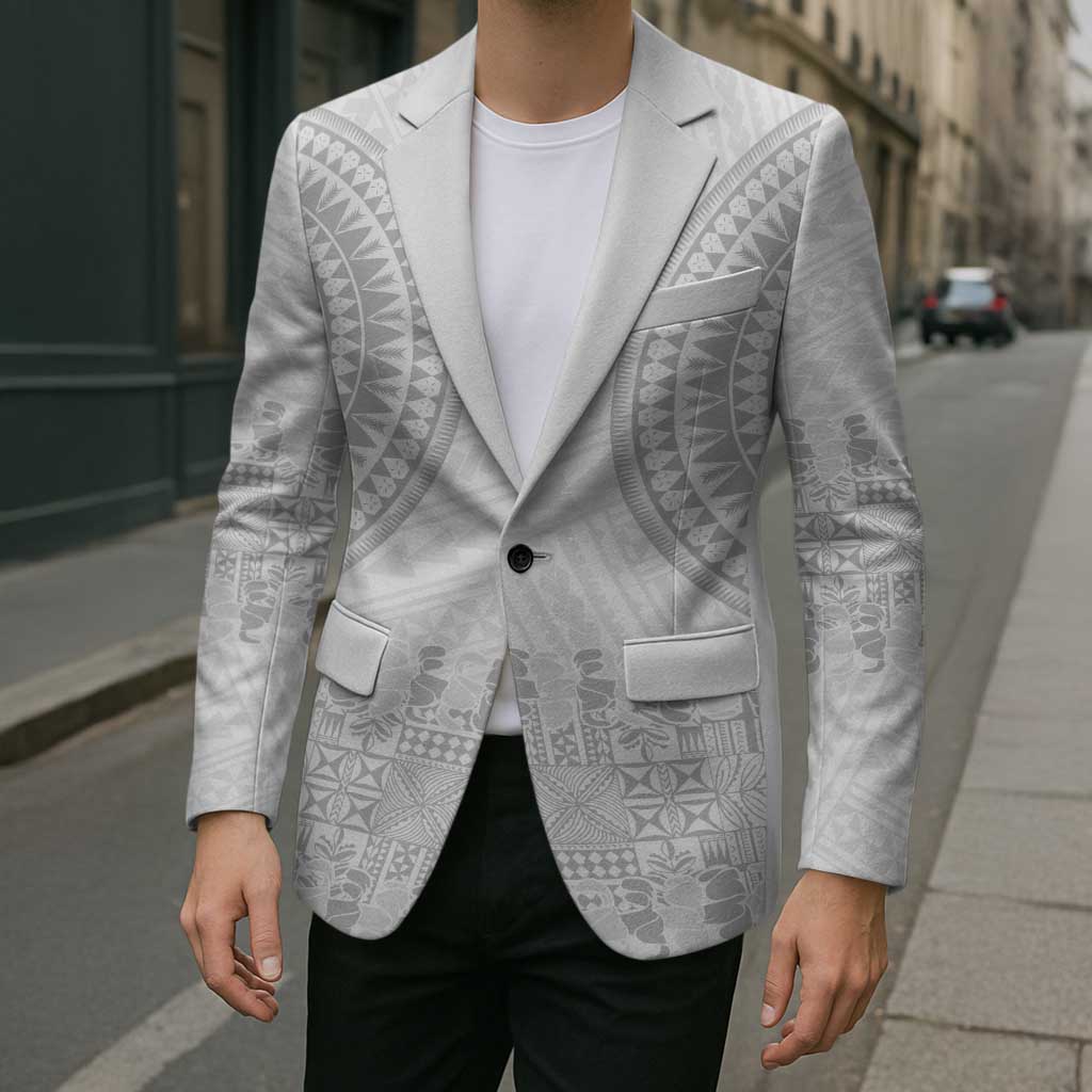 Niue White Sunday Blazer Tapu Fanau Ia Puakenikeni Hiapo Pattern LT14 - Polynesian Pride