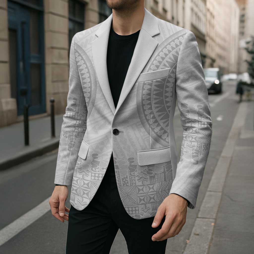 Niue White Sunday Blazer Tapu Fanau Ia Puakenikeni Hiapo Pattern LT14 - Polynesian Pride