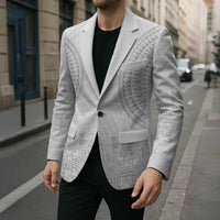 Niue White Sunday Blazer Tapu Fanau Ia Puakenikeni Hiapo Pattern LT14 - Polynesian Pride