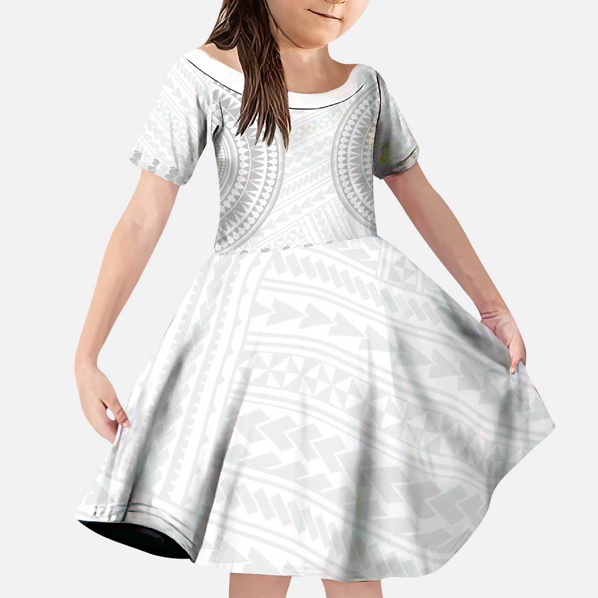 Niue White Sunday Kid Short Sleeve Dress Tapu Fanau Ia Puakenikeni Hiapo Pattern LT14 KID White - Polynesian Pride