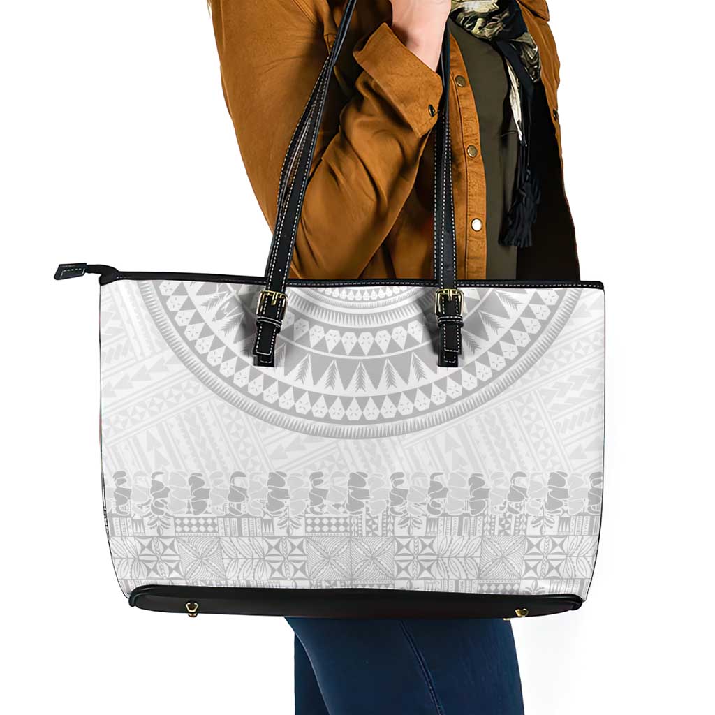 Niue White Sunday Leather Tote Bag Tapu Fanau Ia Puakenikeni Hiapo Pattern LT14 - Polynesian Pride