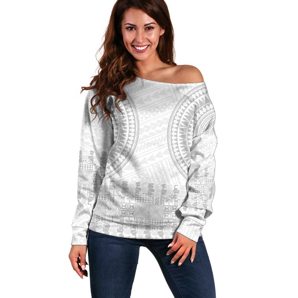 Niue White Sunday Off Shoulder Sweater Tapu Fanau Ia Puakenikeni Hiapo Pattern LT14 Women White - Polynesian Pride