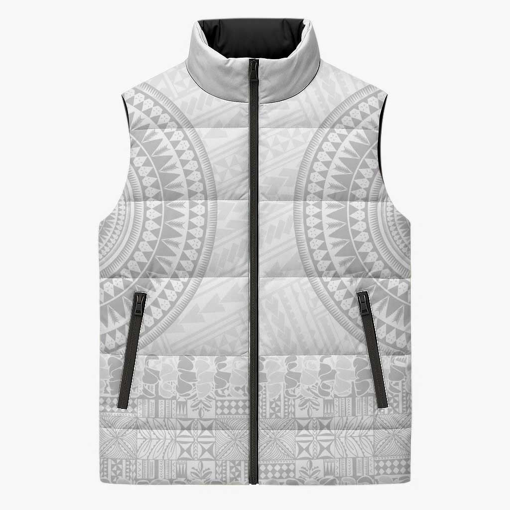 Niue White Sunday Sleeveless Puffer Jacket Tapu Fanau Ia Puakenikeni Hiapo Pattern LT14 Unisex White - Polynesian Pride