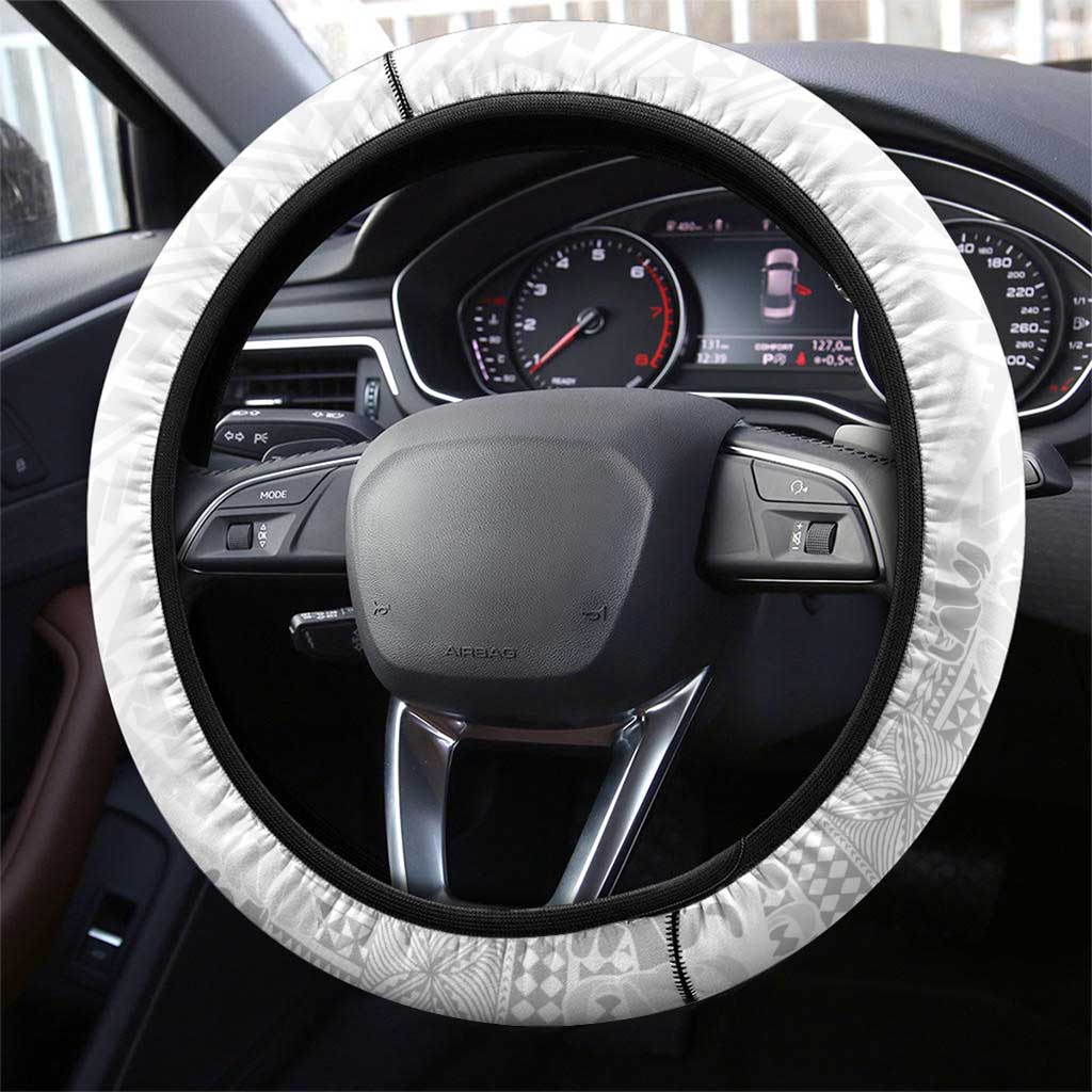 Niue White Sunday Steering Wheel Cover Tapu Fanau Ia Puakenikeni Hiapo Pattern LT14 - Polynesian Pride