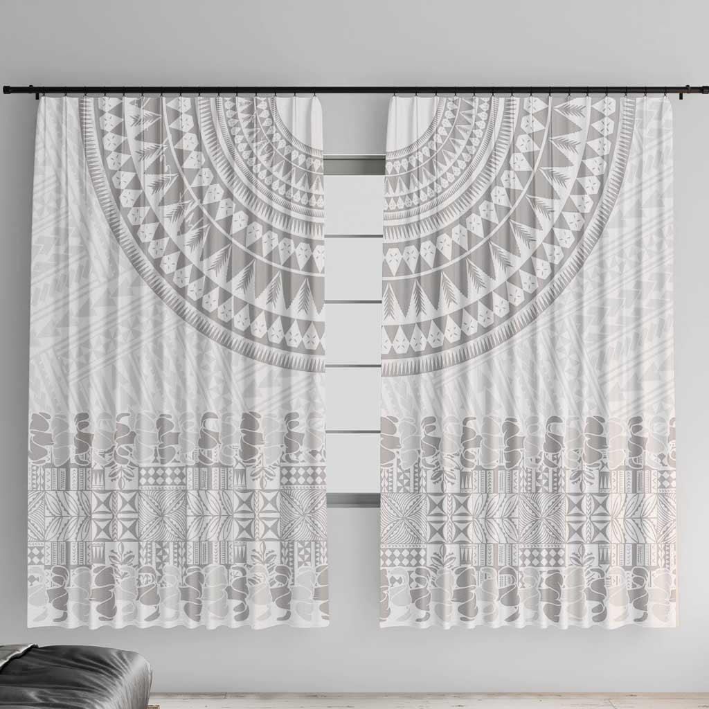 Niue White Sunday Window Curtain Tapu Fanau Ia Puakenikeni Hiapo Pattern LT14 With Hooks White - Polynesian Pride