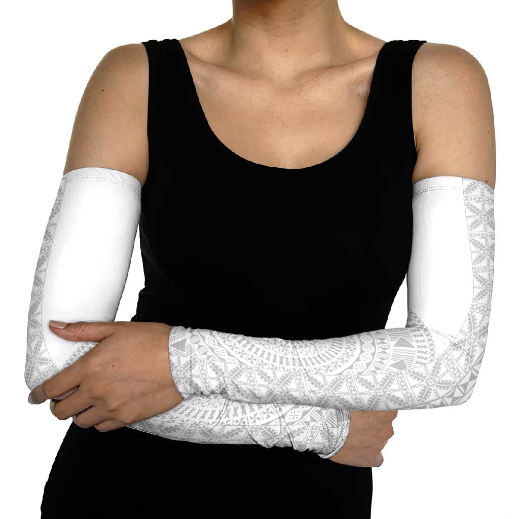 Niue White Sunday Arm Sleeves Half Hiapo Pattern Vibes LT14 - Polynesian Pride