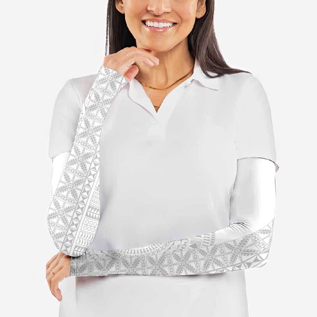 Niue White Sunday Arm Sleeves Half Hiapo Pattern Vibes LT14 - Polynesian Pride