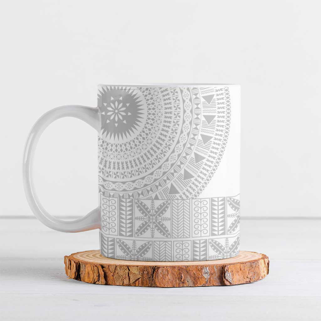 Niue White Sunday Ceramic Mug Half Hiapo Pattern Vibes LT14 White - Polynesian Pride