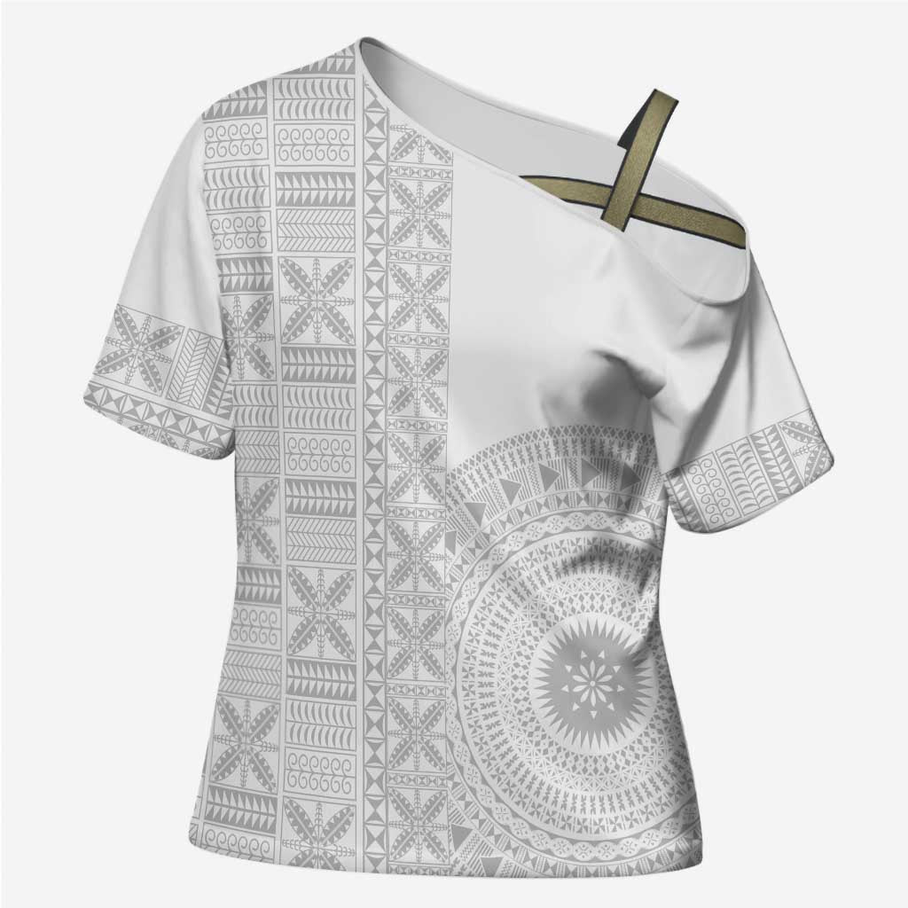 Niue White Sunday Cross Shoulder Shirt Half Hiapo Pattern Vibes LT14 Female White - Polynesian Pride