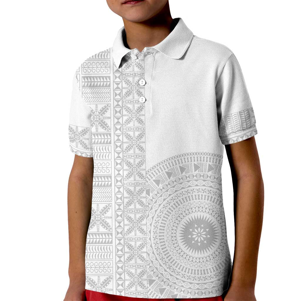 Niue White Sunday Kid Polo Shirt Half Hiapo Pattern Vibes LT14 Kid White - Polynesian Pride