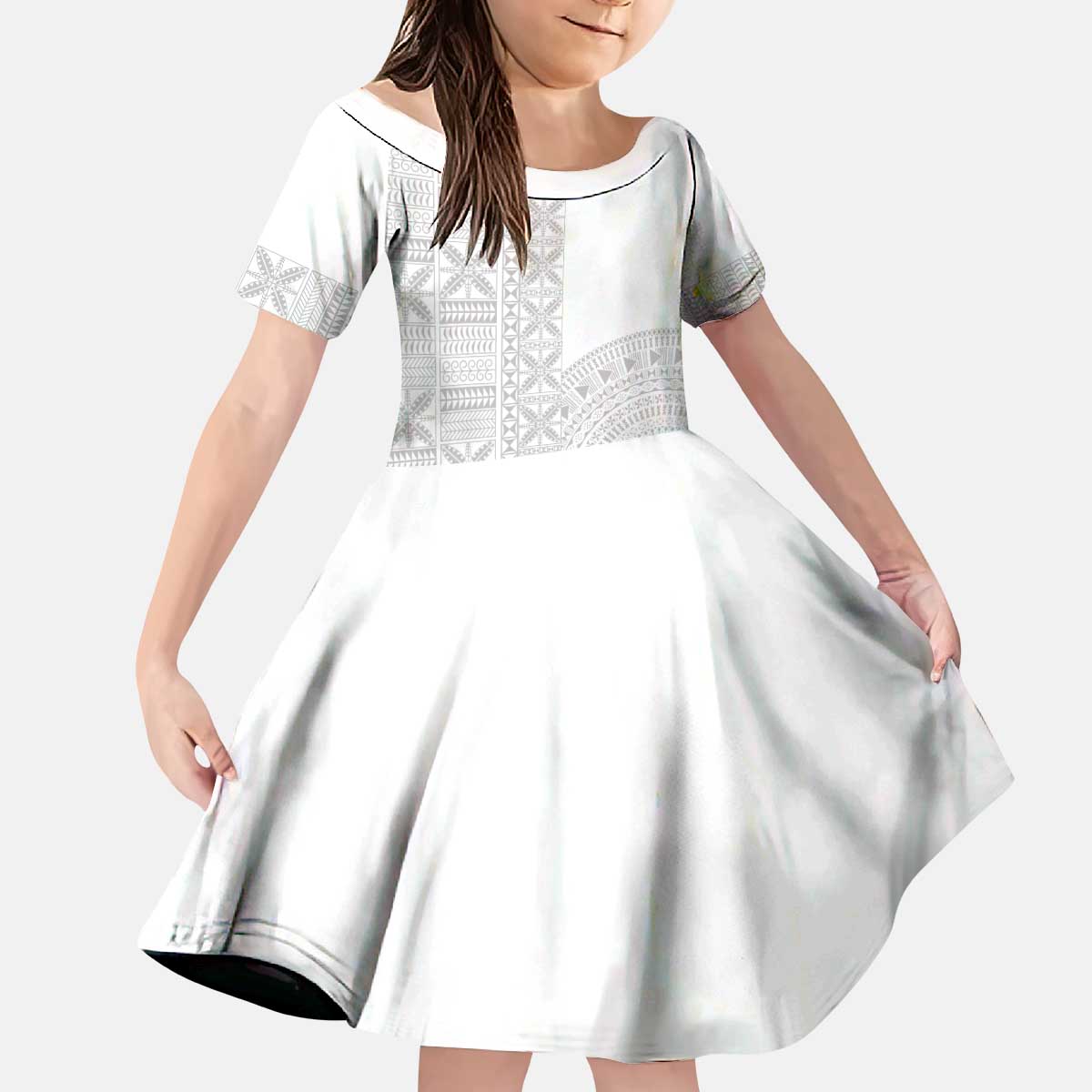 Niue White Sunday Kid Short Sleeve Dress Half Hiapo Pattern Vibes LT14 KID White - Polynesian Pride
