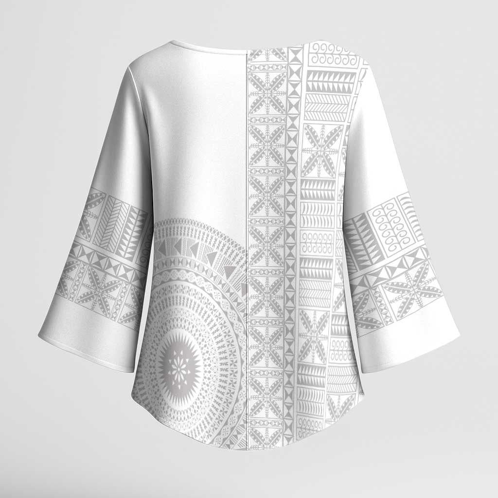 Niue White Sunday Kimono Sleeve Blouse Half Hiapo Pattern Vibes LT14 - Polynesian Pride
