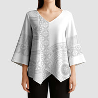 Niue White Sunday Kimono Sleeve Blouse Half Hiapo Pattern Vibes LT14 - Polynesian Pride