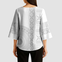 Niue White Sunday Kimono Sleeve Blouse Half Hiapo Pattern Vibes LT14 - Polynesian Pride